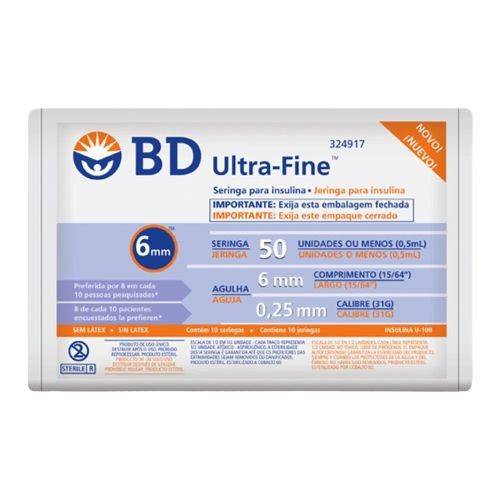 Bd plastipak seringa para insulina ultra fine ii com agulha curta calibre 0,3mm (5ml)