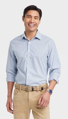 Men's Performance Long Sleeve Button-Down Dress Shirt - Goodfellow & Co™ Light Navy Blue XL: Cotton Blend, Standard Fit, Stripe Pattern