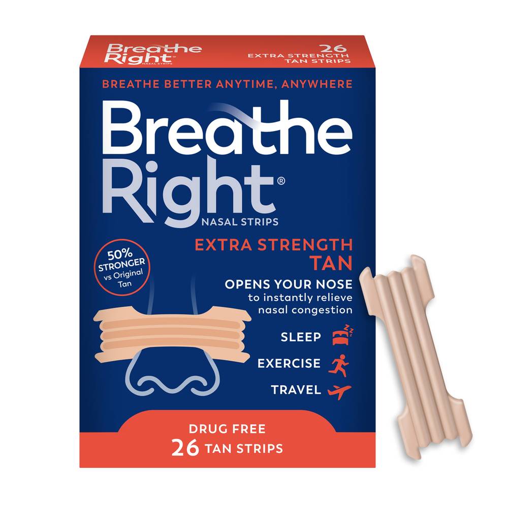 Breathe Right Nasal Strips to Stop Snoring, Drug-Free, Extra Tan, 26 CT
