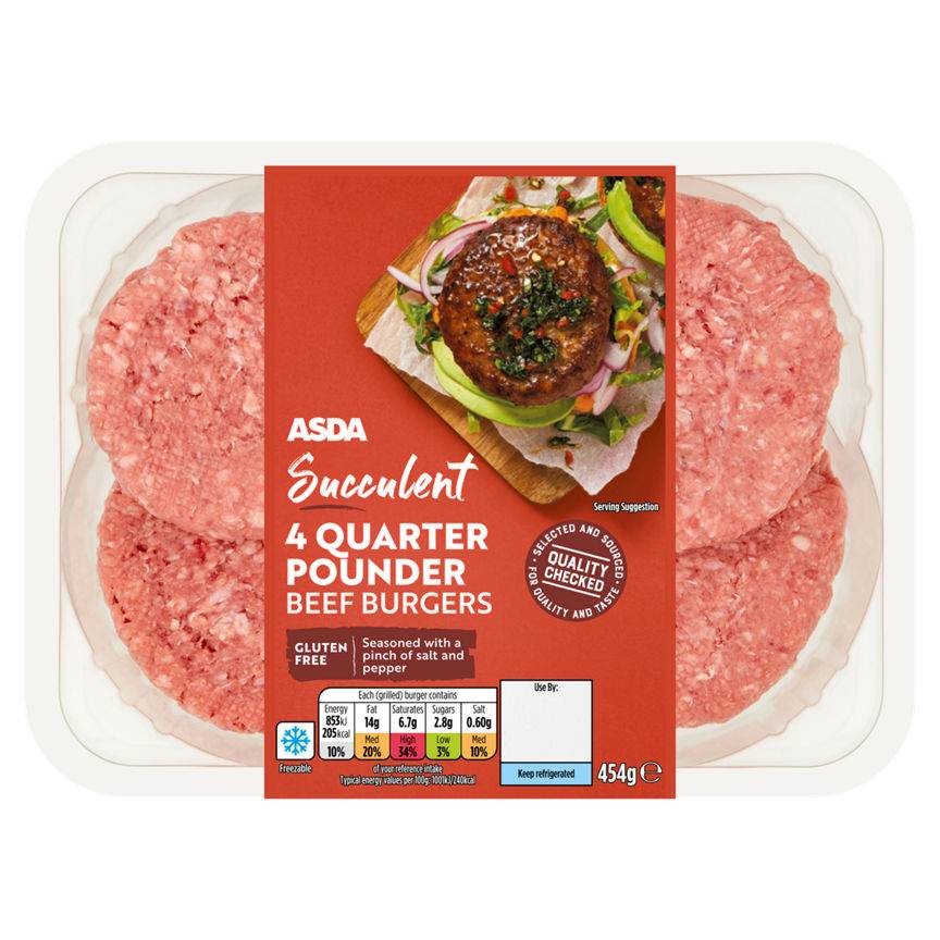 Asda Succulent 4 Quarter Pounder Beef Burgers 454g