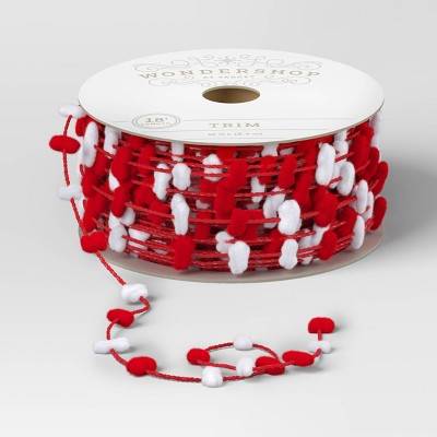 Wondershop Fabric Pom Pom Christmas Trim Ribbon, Red/White