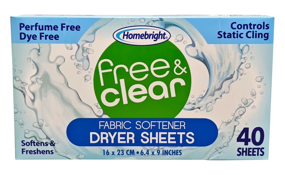 Homebright Free & Clear Fabric Softener Dryer Sheets, 6.4x9 in (40 ct)