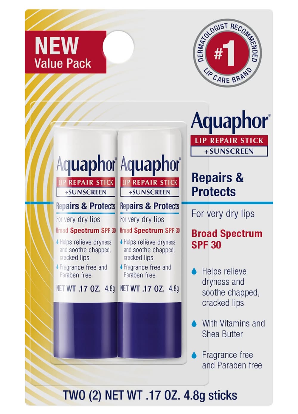 Aquaphor Lip Repair Stick + Sunscreen Value pack Spf 30 (2 x 0.17 oz)
