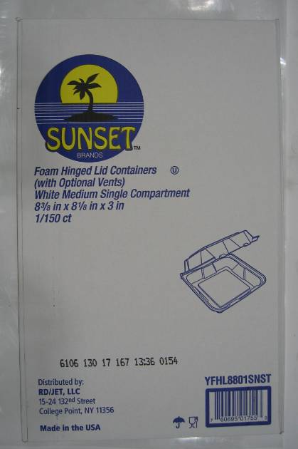 Sunset - YFHl -8801 - 8X8 Foam Hinged Container - 150 Ct Pack (1 Unit per Case)