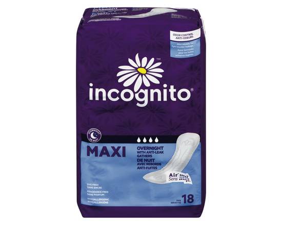 Incognito · Maxi de nuit anatomiques - Maxi overnight with anti leak gathers pads (18 units)