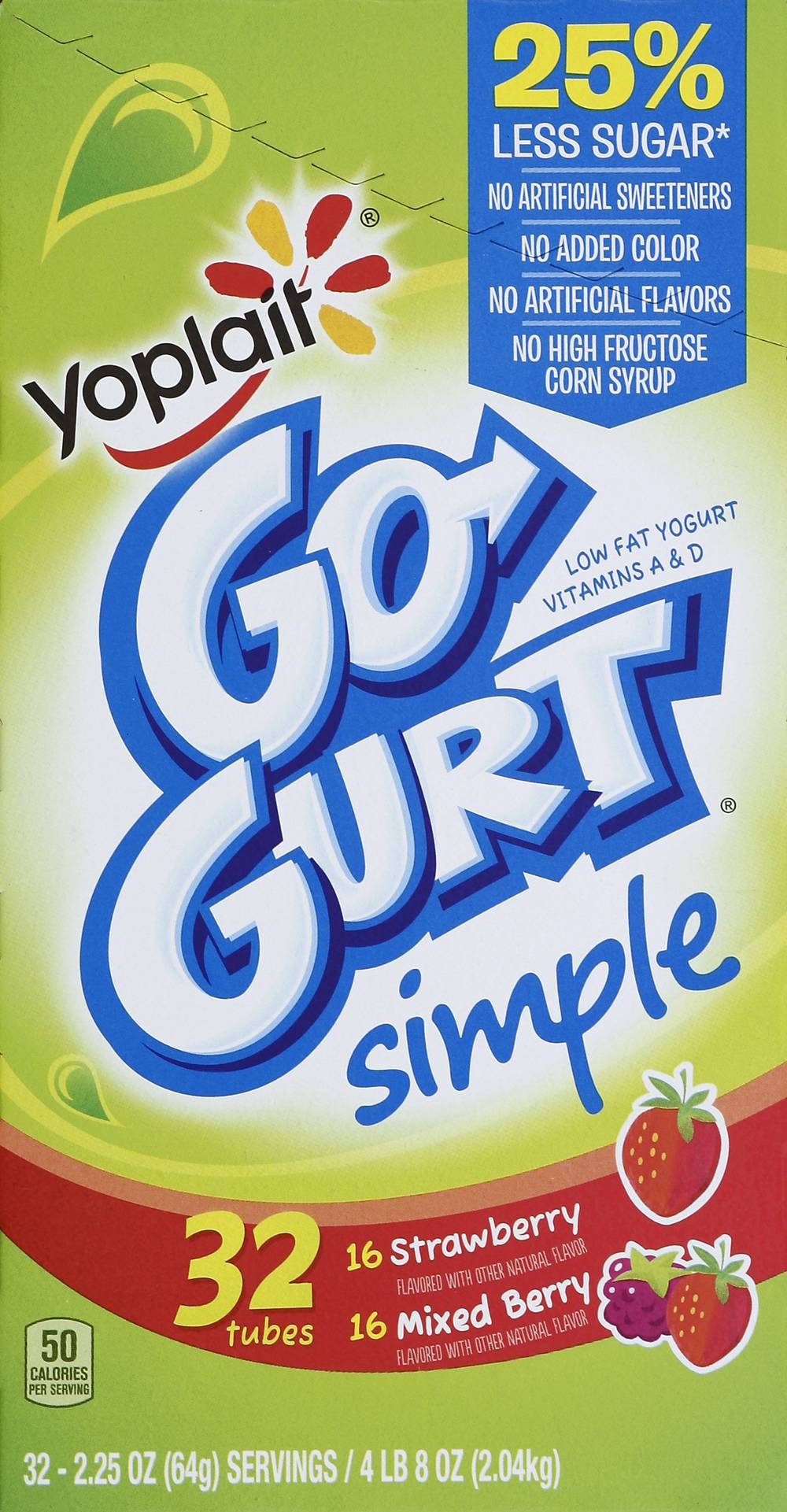 Yoplait Go Gurt Lowfat Yogurt, Strawberry-Mixed Berry (4.4 lbs, 32 ct)