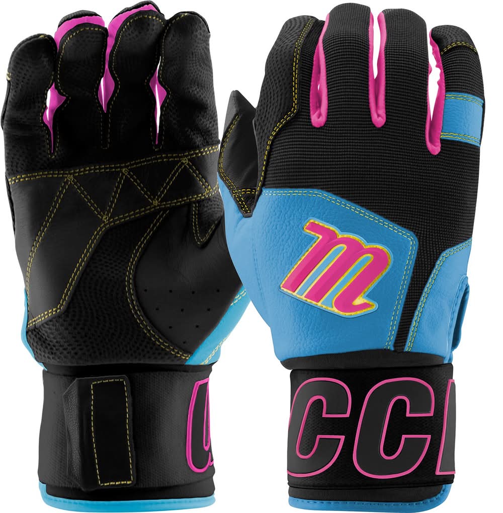 Marucci Adult Blacksmith II Full Wrap Batting Gloves (Black/Blue/Pink, XL)