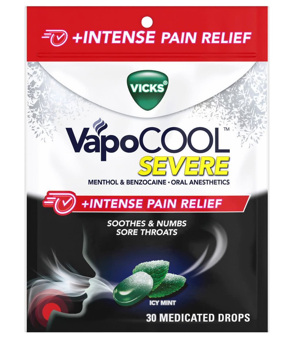 Vicks Vapocool Severe +Intense Pain Relief Drops, Icy Mint (30 ct)