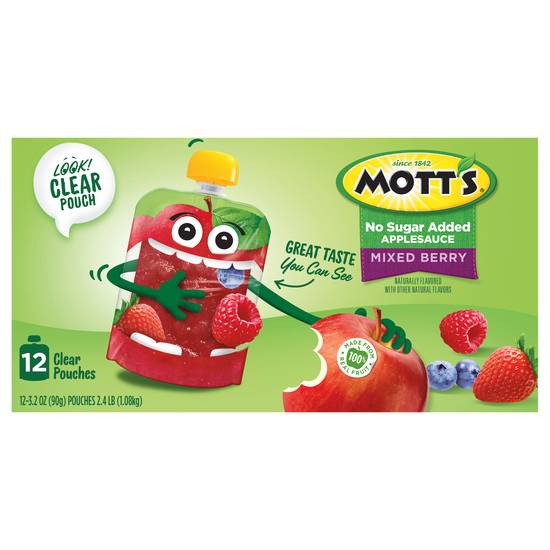 Mott's No Sugar Added Mixed Berry Applesauce, Clear Pouches, (12 ct)