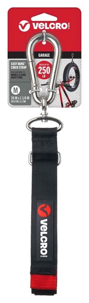 Velcro 24 In. X 1-1/4 In. Easy Hang Cinch Strap, Bundling Strap With Carabiner In Black Hook And Loop (1-Pack)
