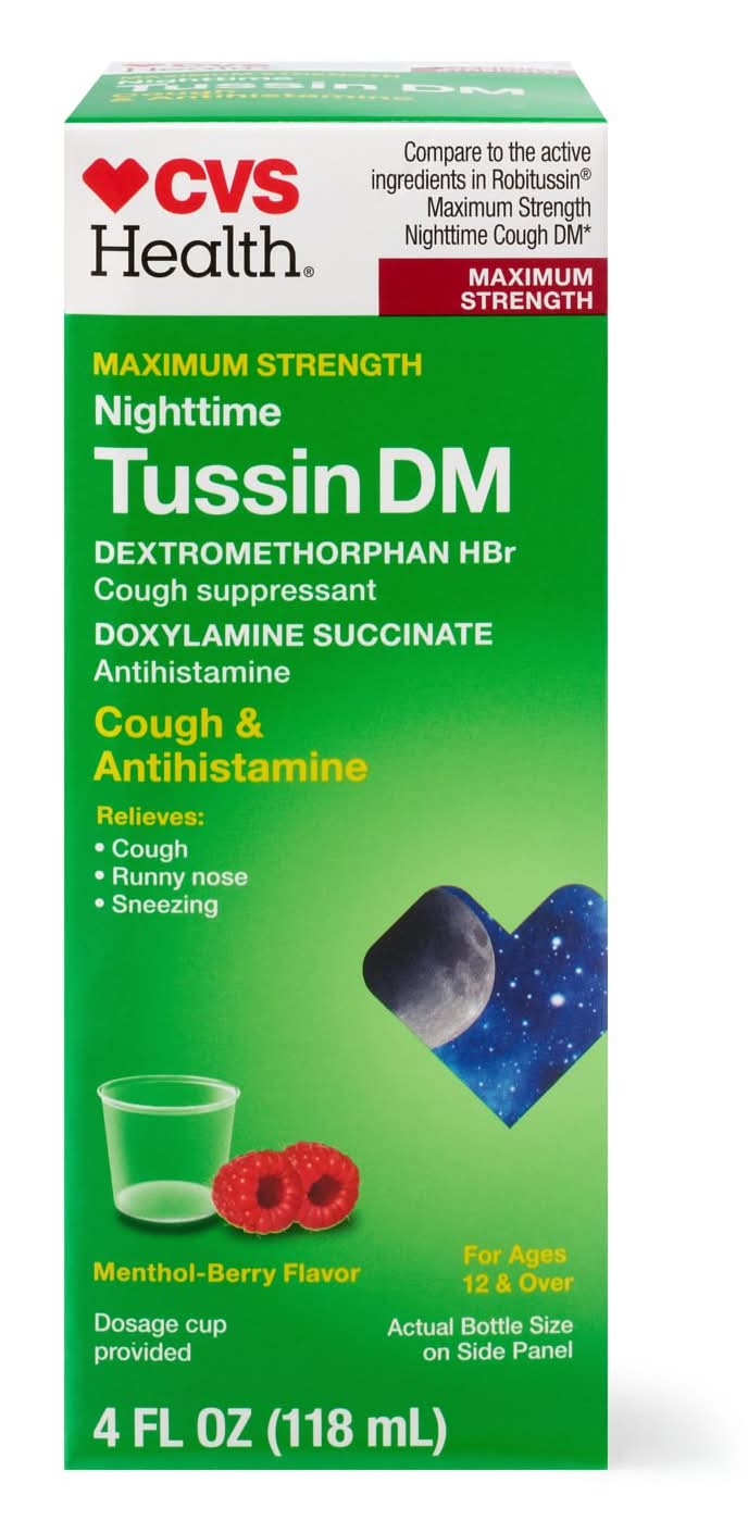 Cvs Maximum Strength Nighttime Tussin Dm Adult Cough Suppressant Liquid, Berry And Menthol, 4 Oz