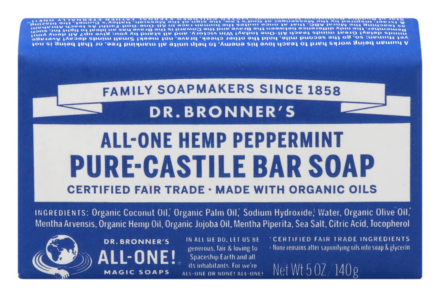 Dr. Bronner's All One Hemp Pure Castile Peppermint Bar Soap