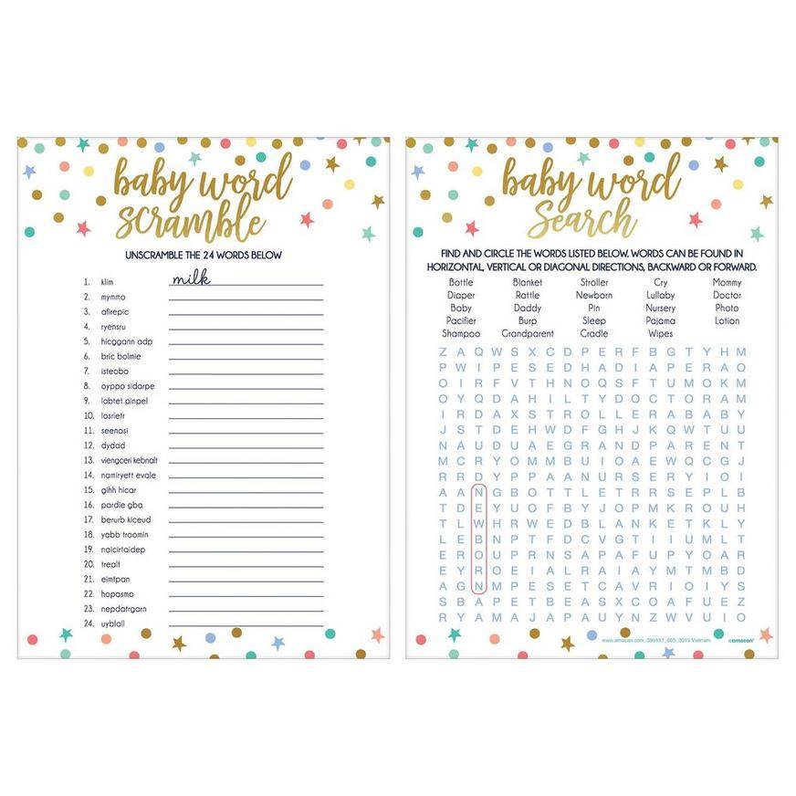 Dots Stars Word Scramble Word Search Baby Shower Game