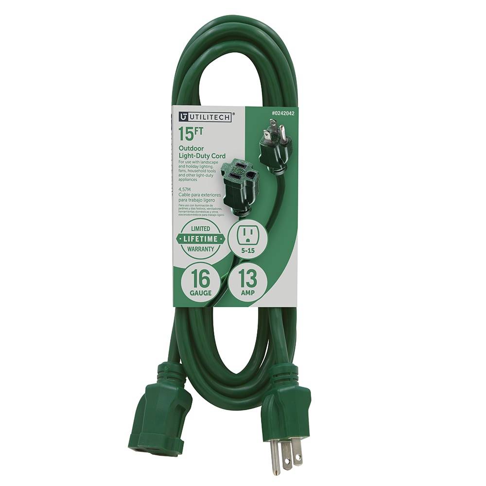 Utilitech Outdoor ExtenSion Cords 15-ft 16/3 3 Prong Green Outdoor SJTW Light Duty General Extension Cord | UT880615