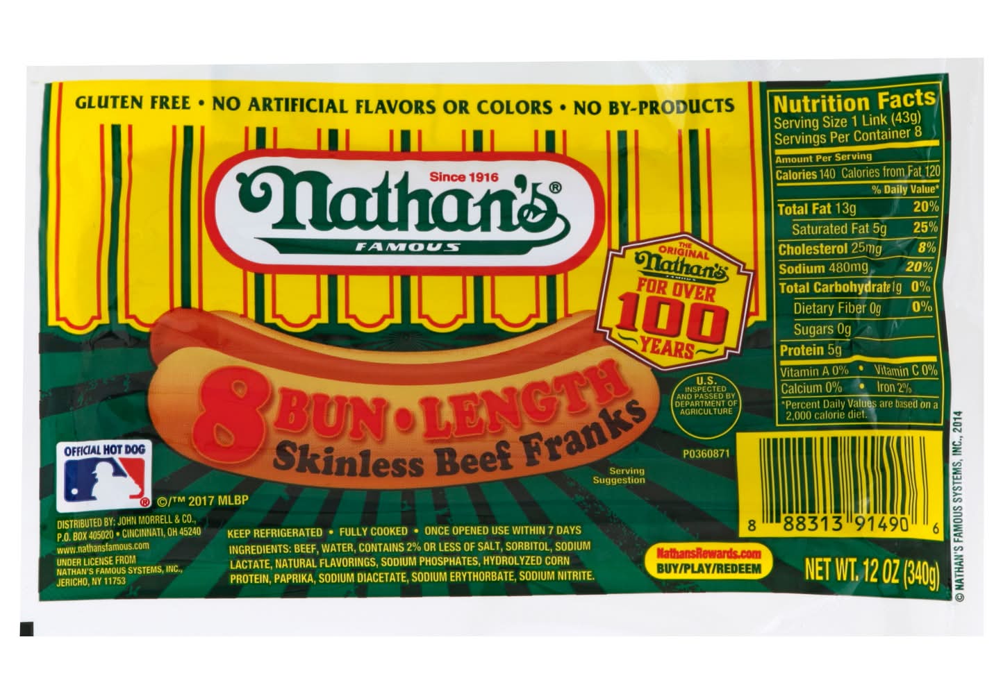 Nathan's Famous Bun Length Skinless Beef Franks (12 oz, 8 ct)