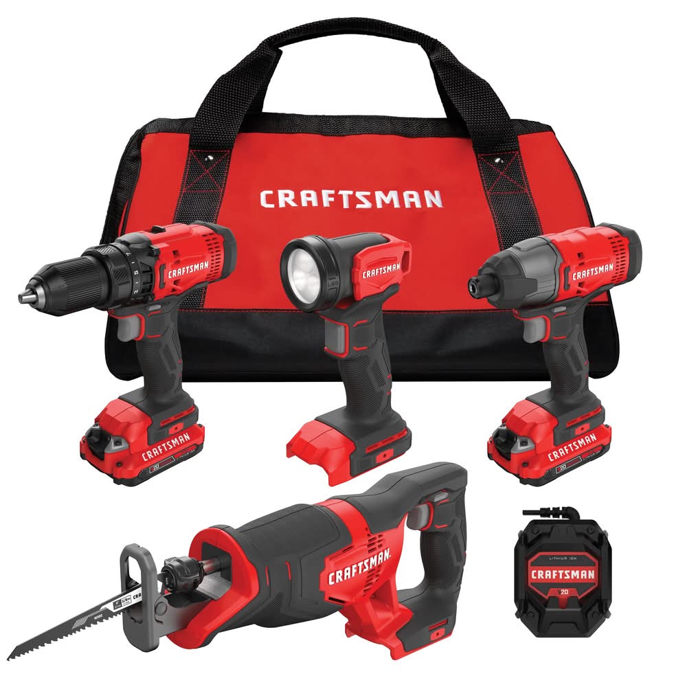 CRAFTSMAN V20 20-volt Max 4-Tool Power Tool Combo Kit with Soft Case (2-Batteries and Charger Included)