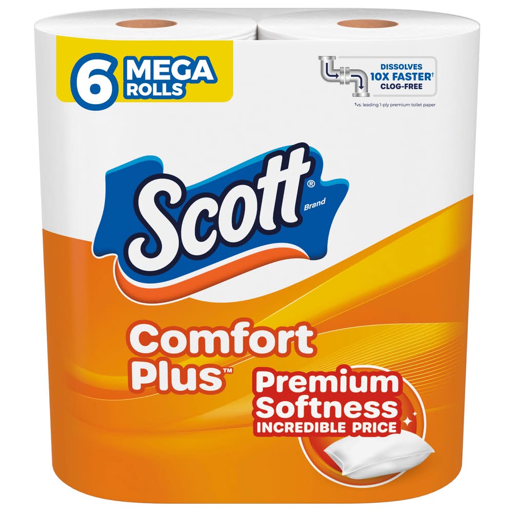 Scott Comfort Plus Premium Softness Mega Rolls One-Ply Bathroom Tissue, 3.82x4.0 in, White (6 ct)