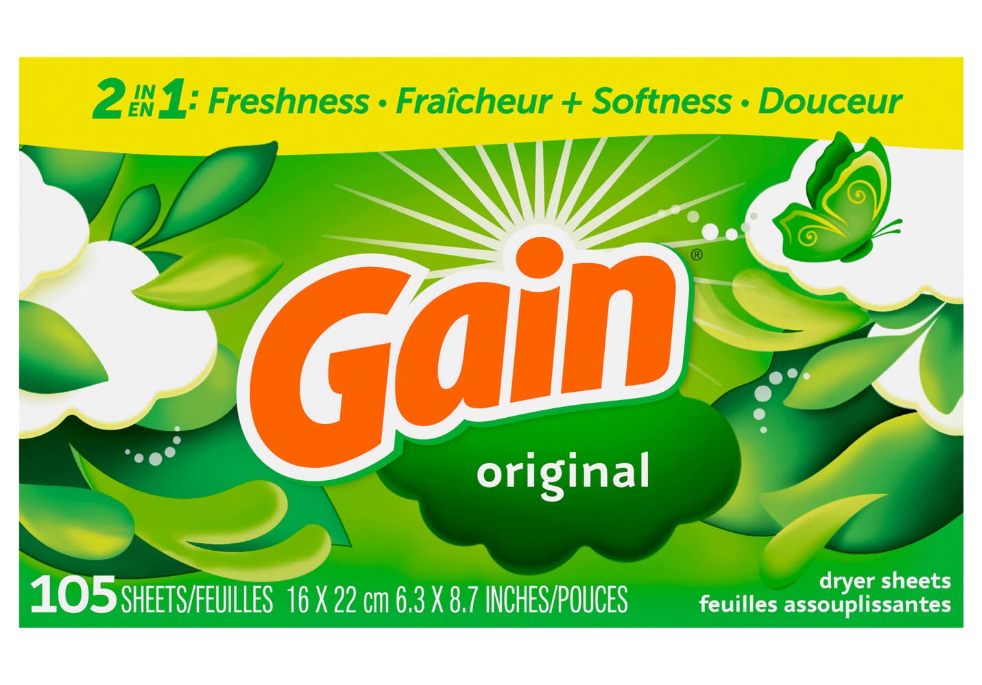 Gain Original Dryer Sheets, 6.3in x 8.7in (3.6 oz, 105 ct)