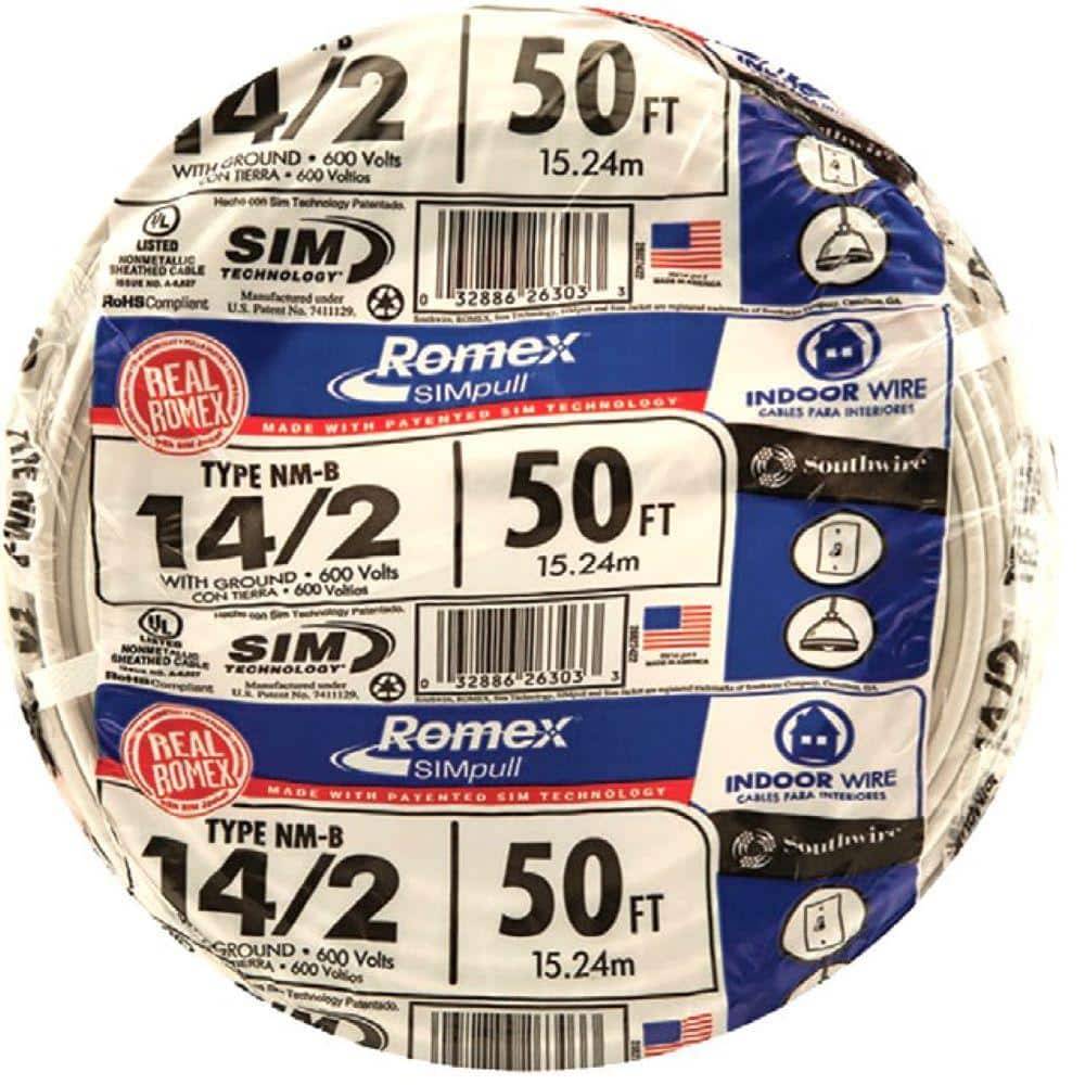 Southwire 50 Ft. 14/2 Solid Romex Simpull Cu Nm-B W/G Wire