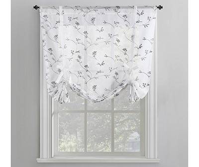 Meribel White & Gray Embroidered Floral Tie-Up Rod Pocket Curtain Panel, (63")