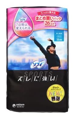 ソフィ スポーツ 多い夜用 羽つき - Female, 30cm, ブラック (26 入)