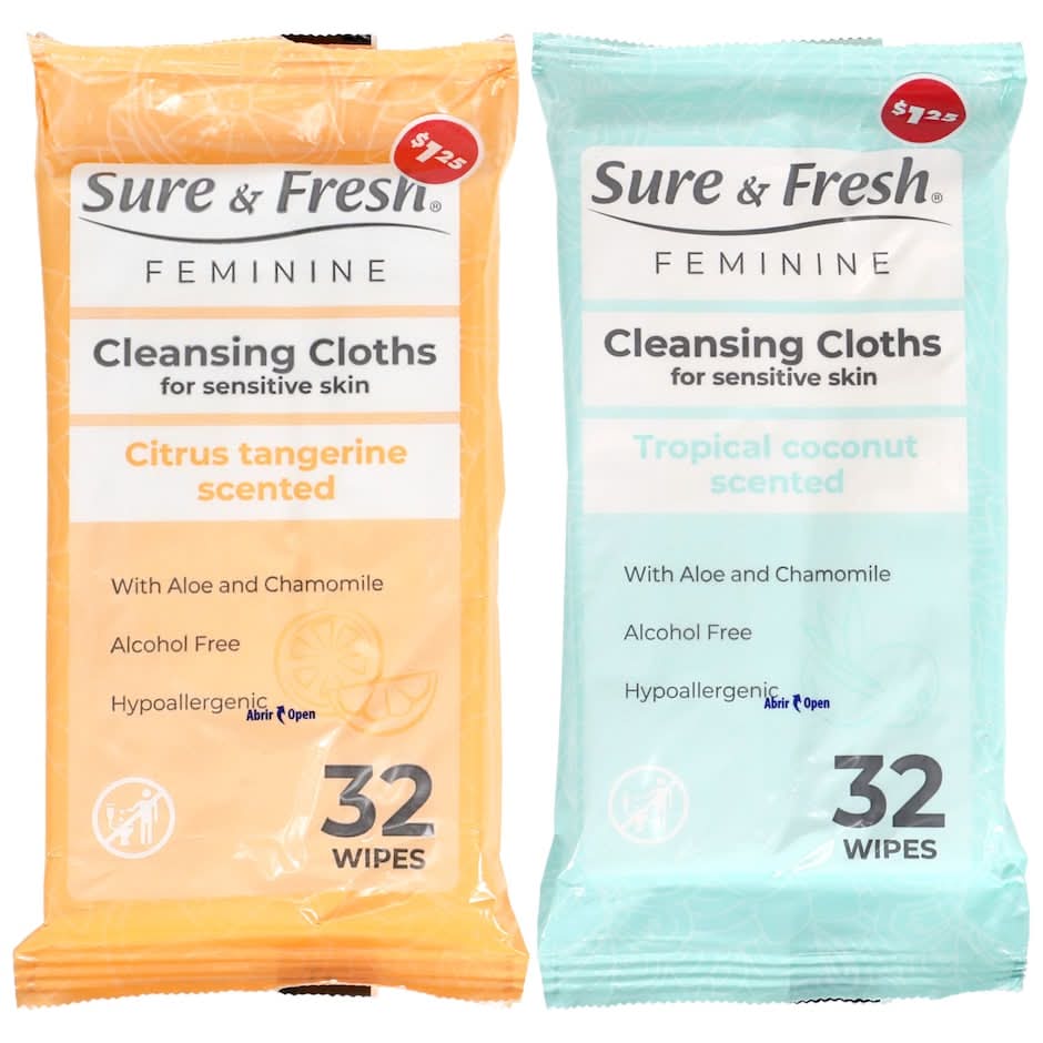 Sure & Fresh Feminine Cleansing Cloths Wipes, Citrus Tangerine-Tropical Coconut (2 x 32 ct)