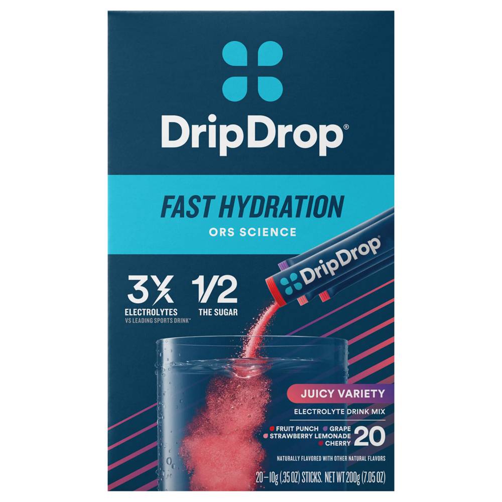 DripDrop Electrolyte Drink Mix Fast Hydration Juicy Variety, Assorted (0.35 oz, 20 ct)