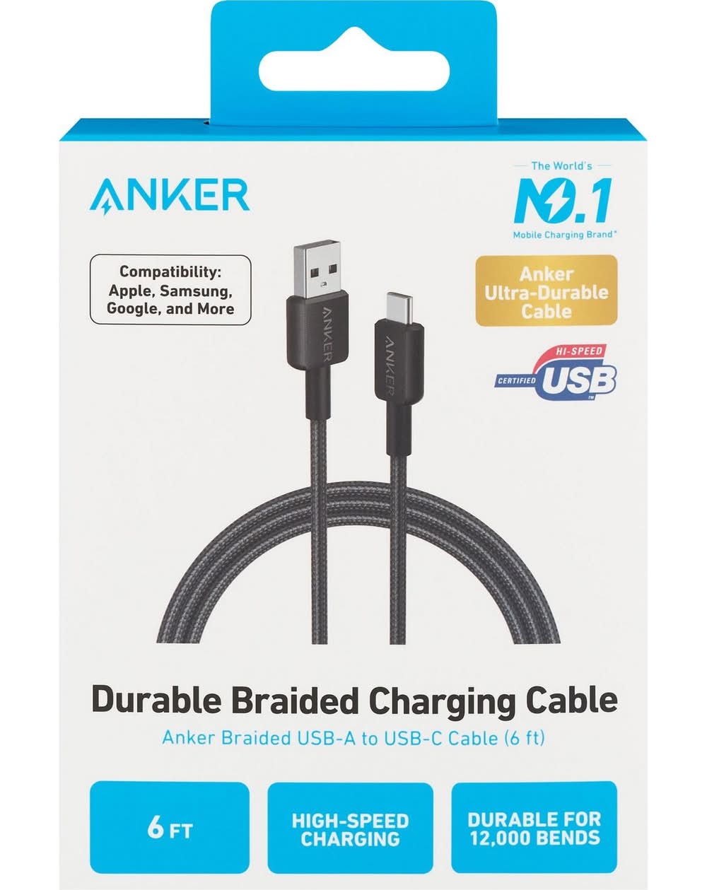 Anker Durable Braided Usb-A To Usb-C Charging Cable, 6 ft, Black