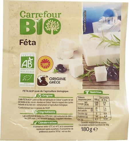 FID - Féta pour apéritif et salade  AOP Bio CARREFOUR BIO - le fromage de 180g