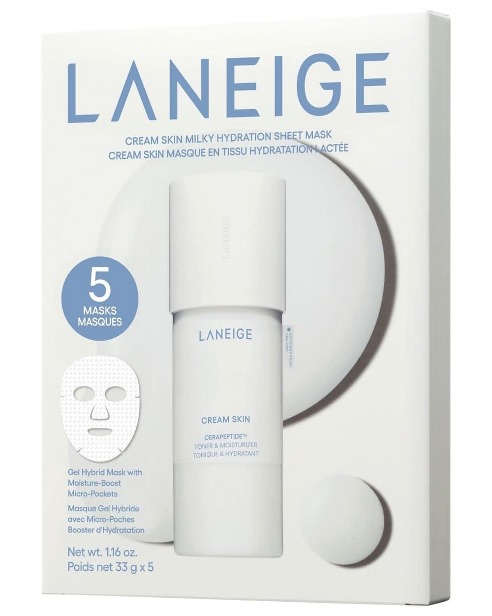 Laneige Cream Skin Milky Hydration Sheet Mask with Ceramides & Peptides 5 Masks/165g