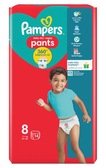 Pampers 8, Baby Dry Nappy Pant 19 kg Plus Carry pack (14 pack)