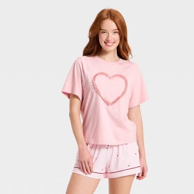Women's Valentine's Boxy Graphic Heart T-Shirt - A New Day™ Pink L