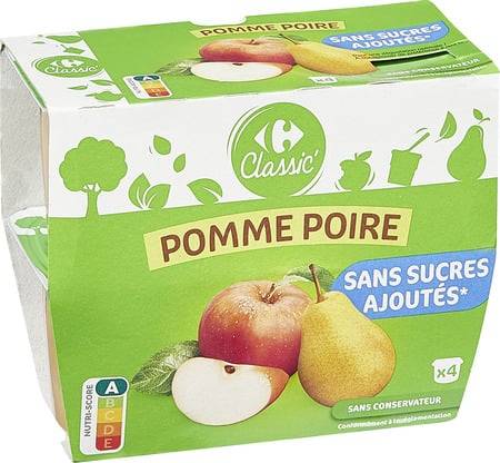 Compotes pomme poire s/sucres ajoutés CARREFOUR CLASSIC' - les 4 pots de 100g