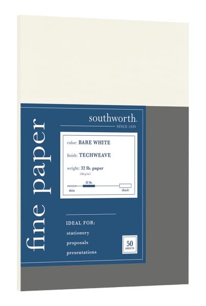 Southworth® Techweave Multi-Use Printer & Copy Paper, Bare White, Letter (8.5" x 11"), 50 Sheets Per Pack, 32 Lb, 96 Brightness