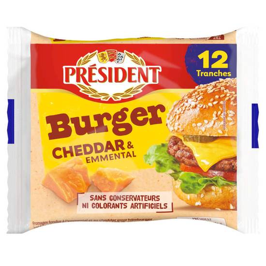 PRESIDENT - Tranch'fine burger - Cheddar et Emmental - Fromage en tranches - 12 tranches - 18%mg - 200g