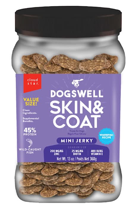 Dogswell Mini Jerky Skin & Coat Whitefish Dog Treats, 13 oz.