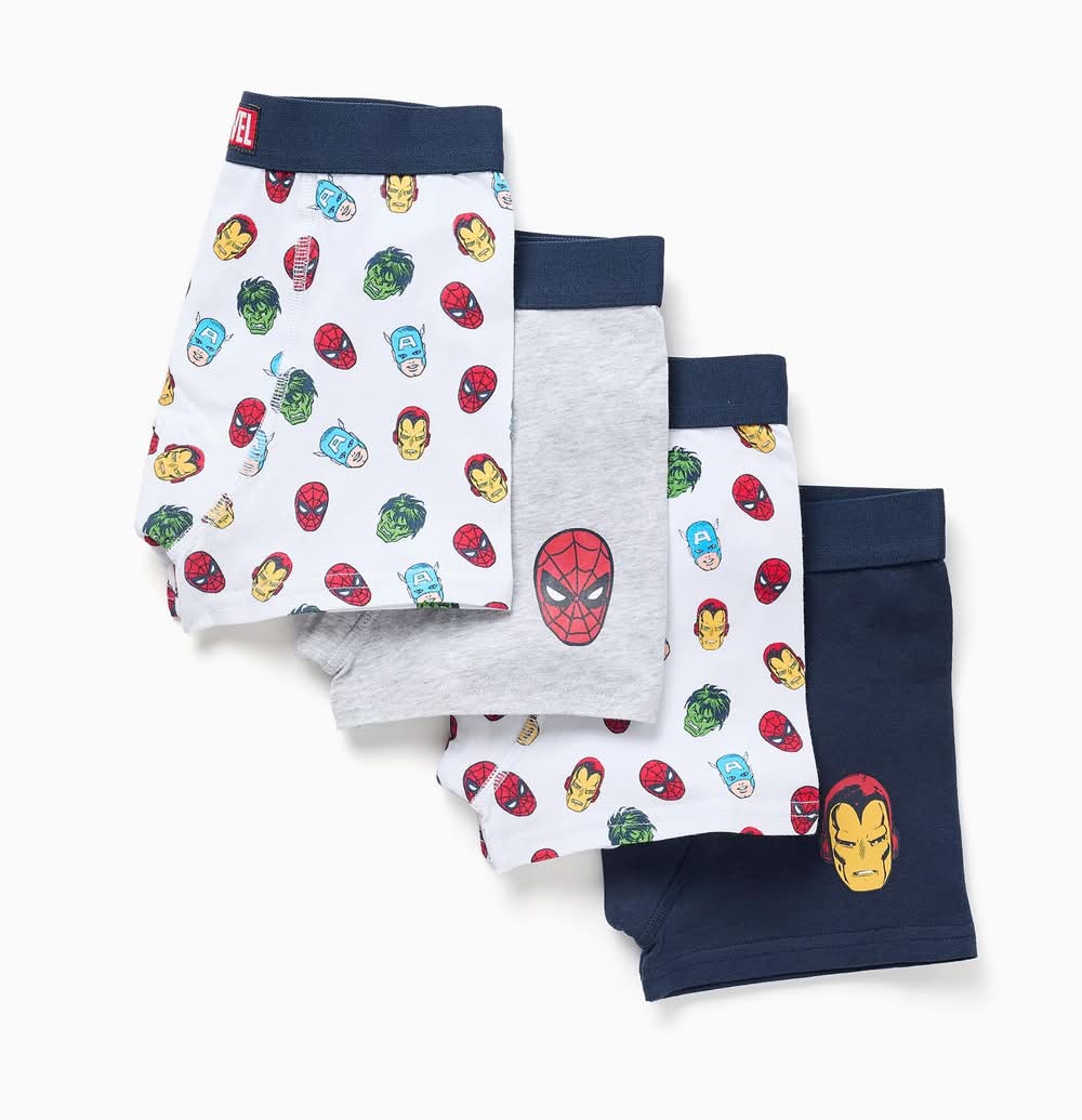 Pack 4 Boxers Com Estampados Vingadores Para Menino, Azul/Cinza/Branco (Multicolor - 6/7)