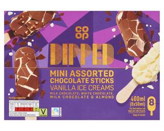 Co-op Dipped Mini Assorted Chocolate Sticks Vanilla Ice Creams 8 x 50ml (400ml)