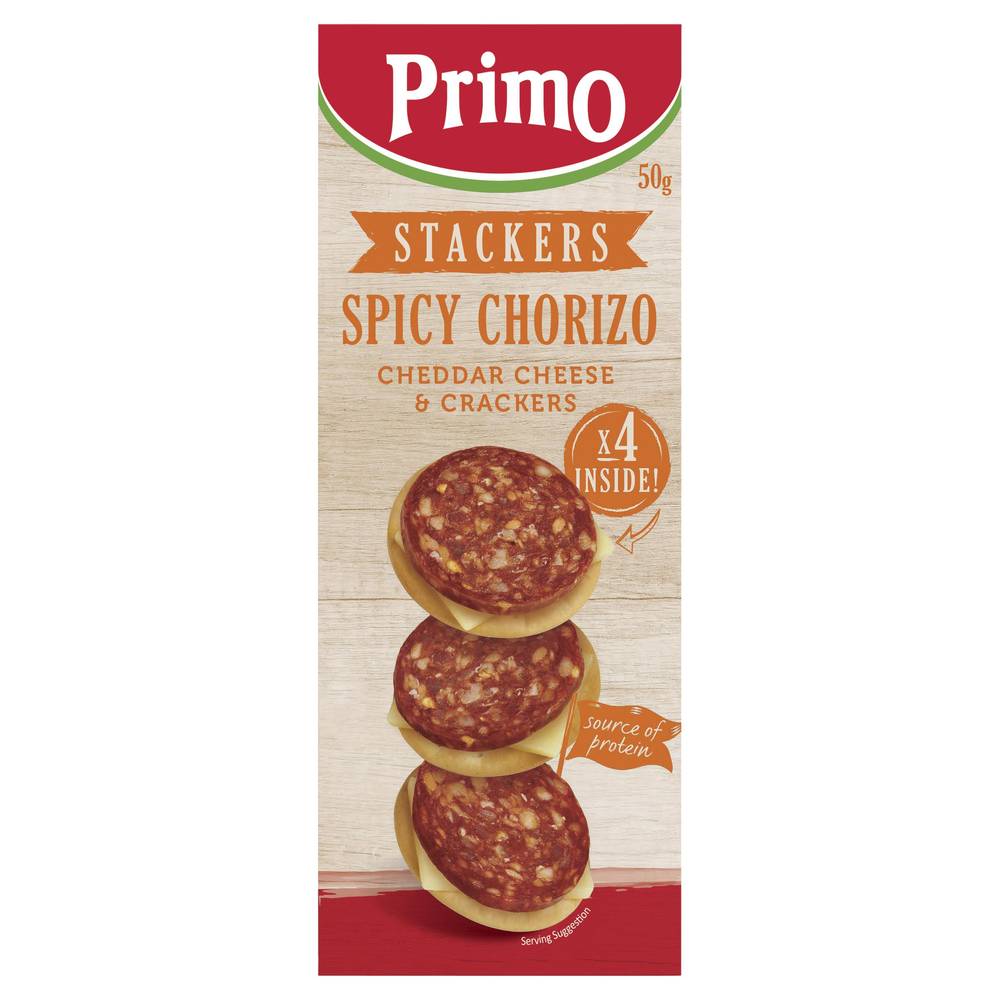 Primor Stackers Cheddar Cheese & Crackers, Spicy Chorizo (50g, 4 pack)