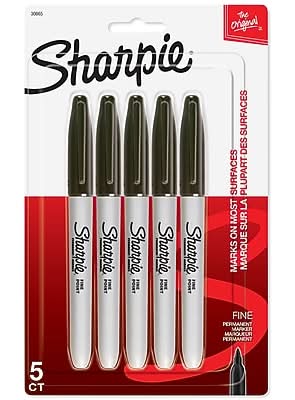 Sharpie Permanent Markers, Fine Point, Black, 5/Pack (30665PP)