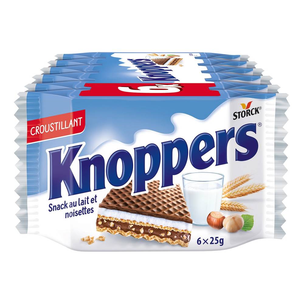 Knoppers - Gaufrette fourrée (fourrage au lait 30,2%, fourrage à la pâte de noisettes 29,4%) (150g)