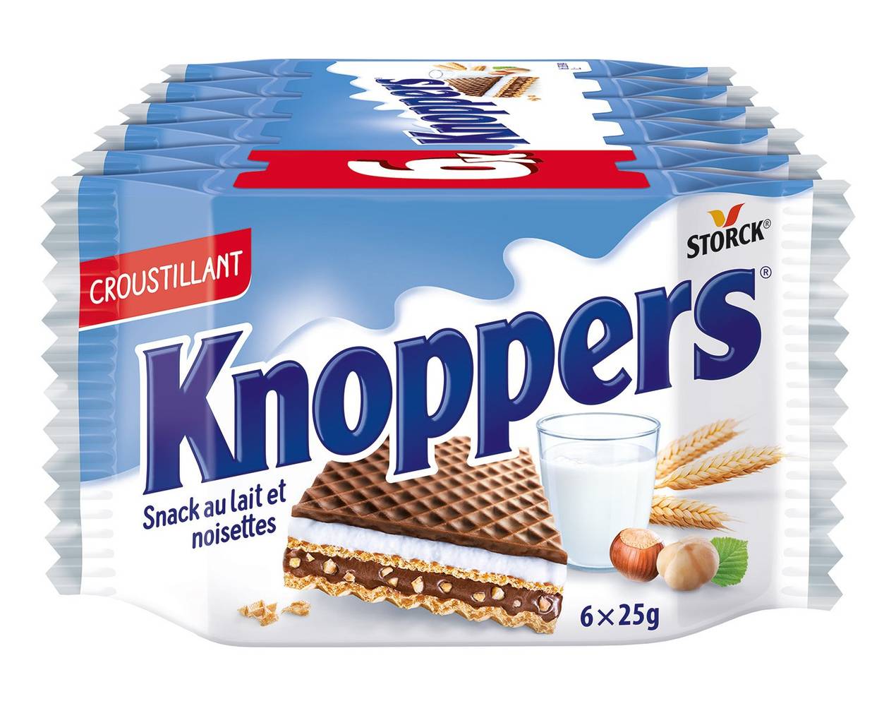 Knoppers - Gaufrette fourrée (fourrage au lait 30,2%, fourrage à la pâte de noisettes 29,4%) (150g)