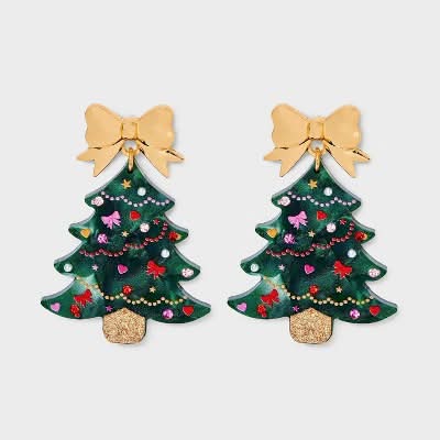 Christmas Tree & Bow Post Drop Earrings, Green