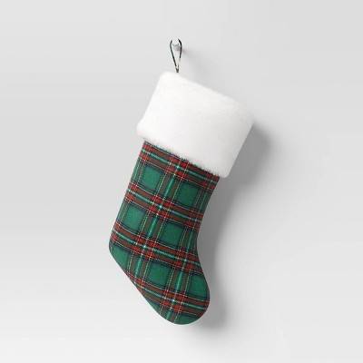 20" Plaid Christmas Stocking with Faux Shearling Cuff Green/Red/White - Wondershop™