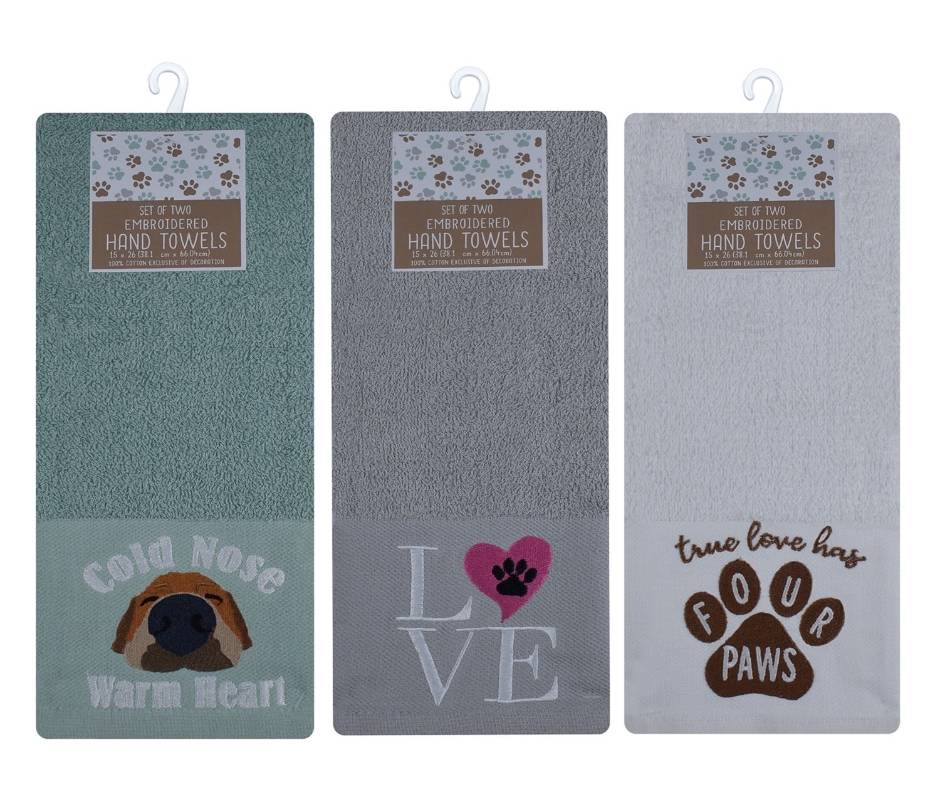 Dog Embroidered Hand Towels, 15x26 in, Assorted (3 x 2 ct)