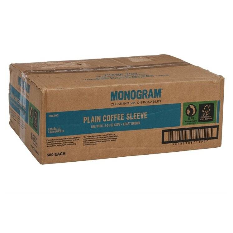 Monogram 12-24 Oz Plain Coffee Sleeve, Kraft Brown (500 ct)