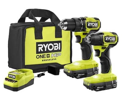 Ryobi One+ Hp 18V Brushless Cordless Compact 1/2 In. Drill And Impact Driver Kit With (2) 1.5 Ah Batteries, Charger, And Bag
