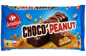 Barrita de cacahuete bañada en chocolate Carrefour Sensation pack 5 unidade de 50 g.