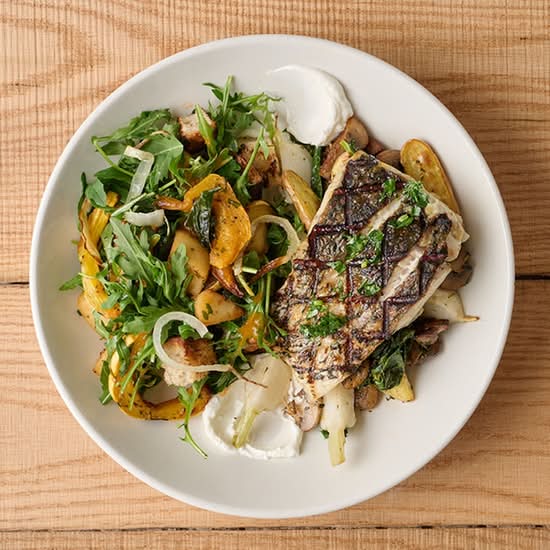 longevity bowl with grilled sea bass