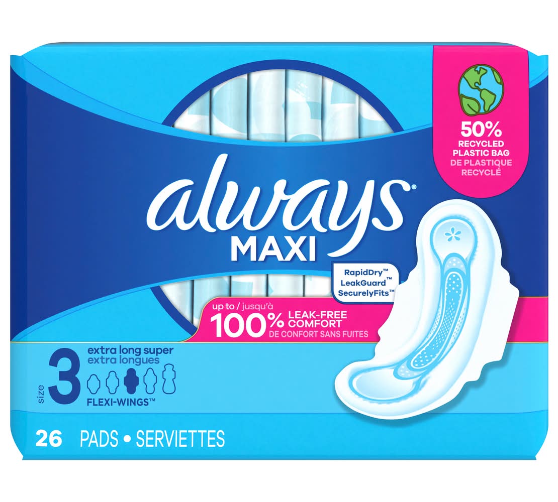 Always Maxi Extra Long Super Pads With Wings, Women, 3 (26 ct)